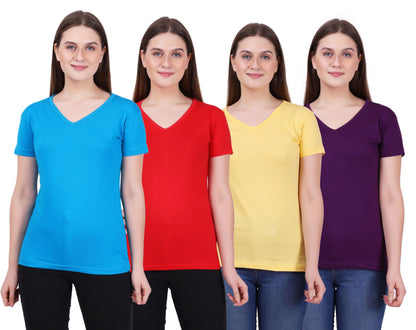 Fleximaa Women's Cotton Plain V Neck Half Sleeve T-Shirt (Pack of 4) - Fleximaa