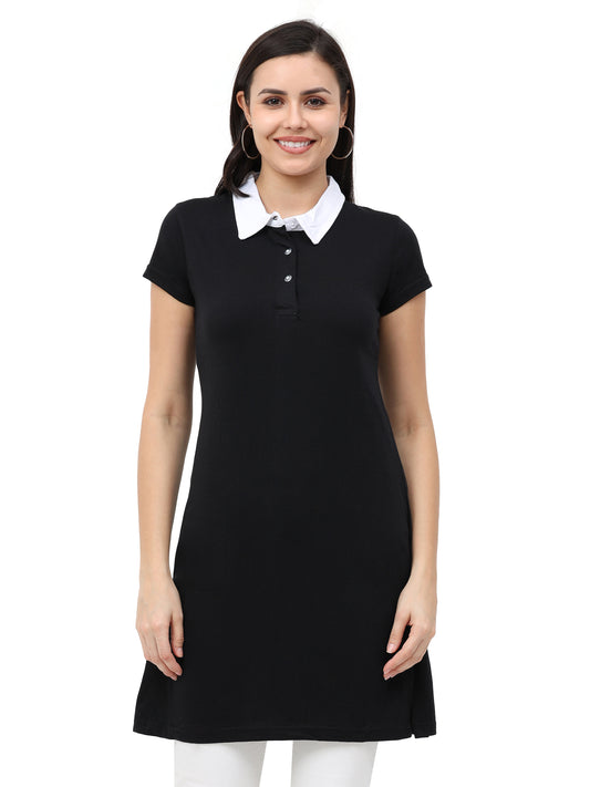 Women's Cotton Polo Neck Black Color Long Top