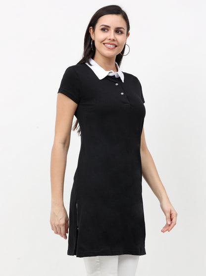 Women's Cotton Polo Neck Black Color Long Top