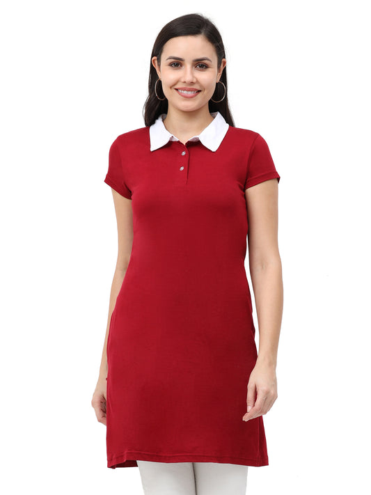 Women's Cotton Polo Neck Maroon Color Long Top