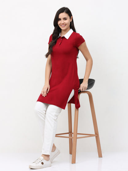 Women's Cotton Polo Neck Maroon Color Long Top