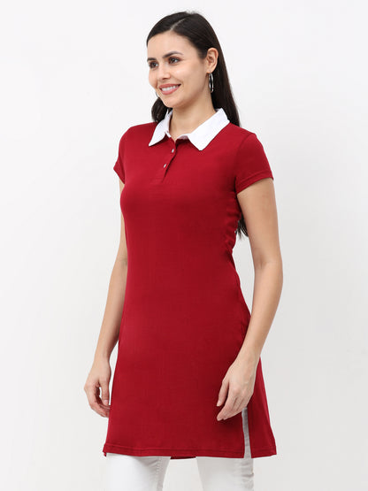 Women's Cotton Polo Neck Maroon Color Long Top