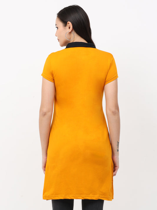 Women's Cotton Polo Neck Mustard Yellow Color Long Top