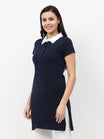 Women's Cotton Polo Neck Navy Blue Color Long Top