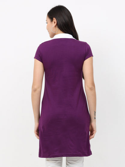 Women's Cotton Polo Neck Purple Color Long Top