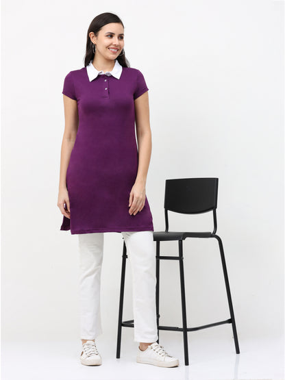 Women's Cotton Polo Neck Purple Color Long Top