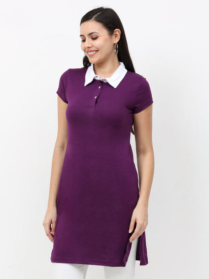 Women's Cotton Polo Neck Purple Color Long Top