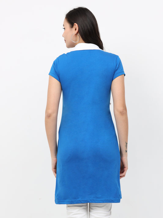 Women's Cotton Polo Neck Royal Blue Color Long Top