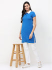 Women's Cotton Polo Neck Royal Blue Color Long Top