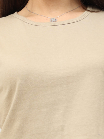 Women's Cotton Plain Round Neck Biscuit Color Crop Top