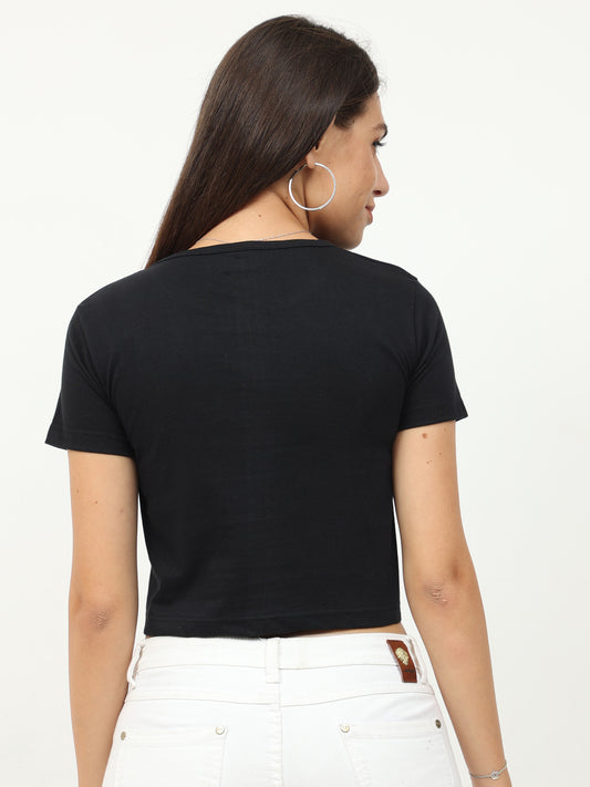 Women's Cotton Plain Round Neck Black Color Crop Top