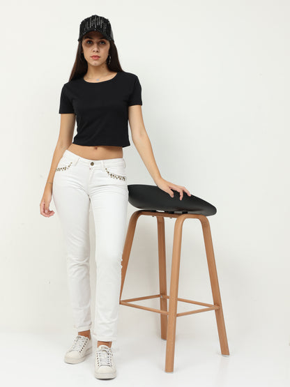 Women's Cotton Plain Round Neck Black Color Crop Top