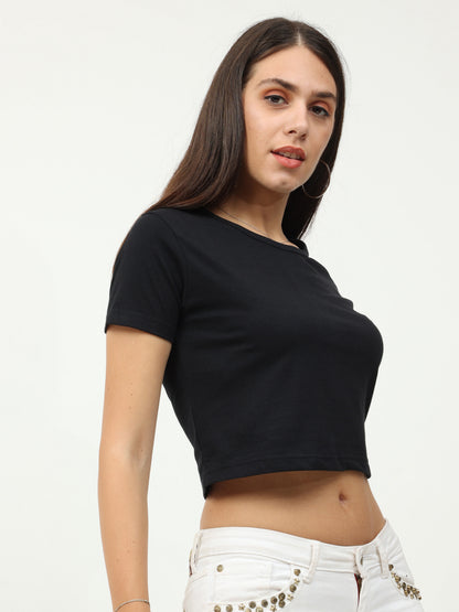 Women's Cotton Plain Round Neck Black Color Crop Top