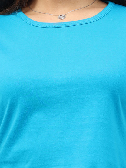 Women's Cotton Plain Round Neck Blue Color Crop Top