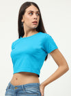 Women's Cotton Plain Round Neck Blue Color Crop Top