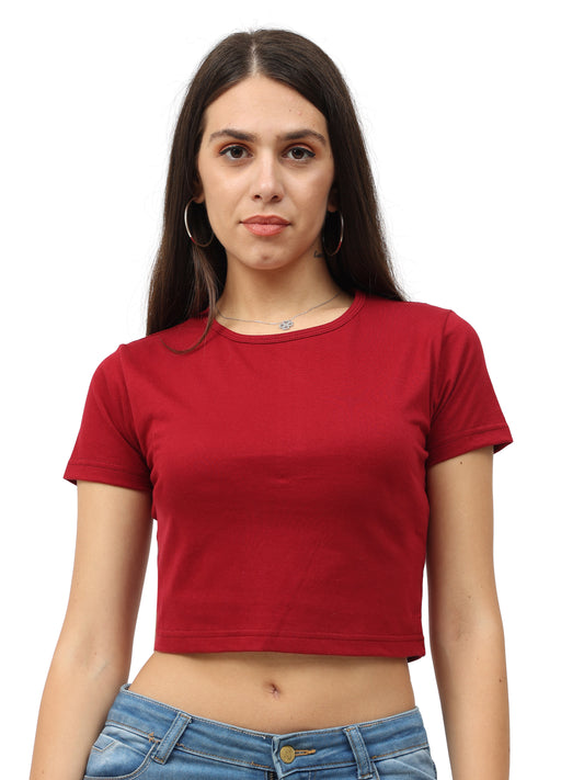 Women's Cotton Plain Round Neck Maroon Color Crop Top