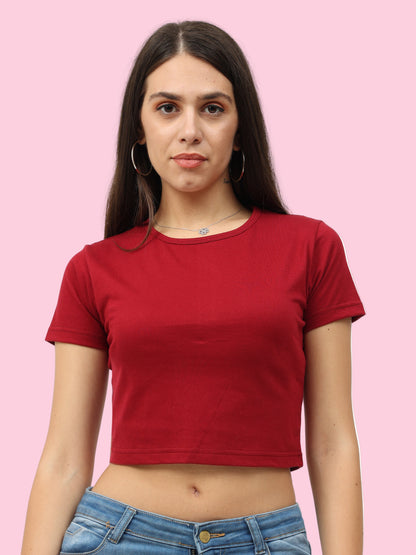 Women's Cotton Plain Round Neck Maroon Color Crop Top