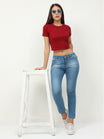 Women's Cotton Plain Round Neck Maroon Color Crop Top