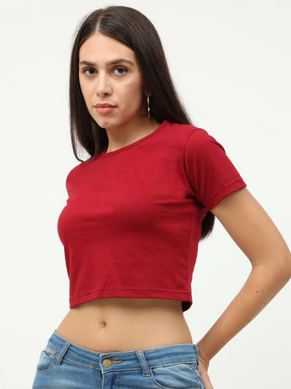 Women's Cotton Plain Round Neck Maroon Color Crop Top