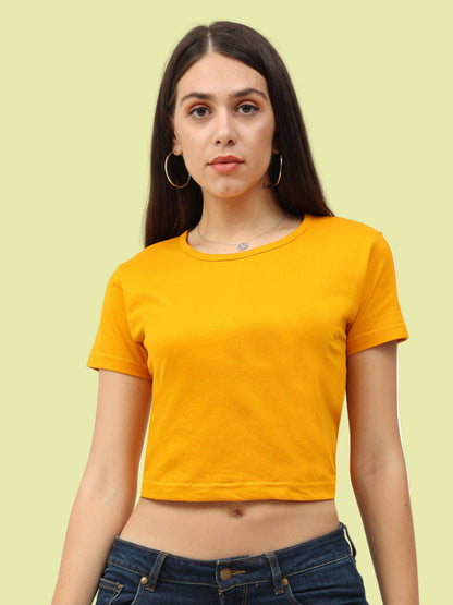 Women's Cotton Plain Round Neck Mustard Yellow Color Crop Top