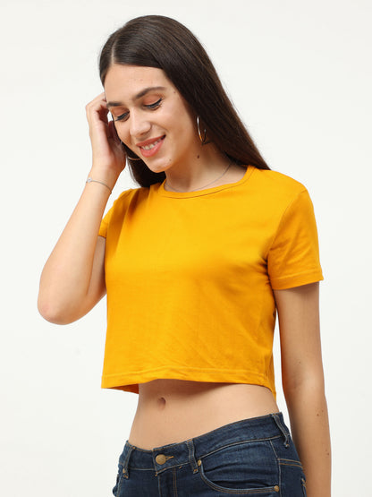 Women's Cotton Plain Round Neck Mustard Yellow Color Crop Top