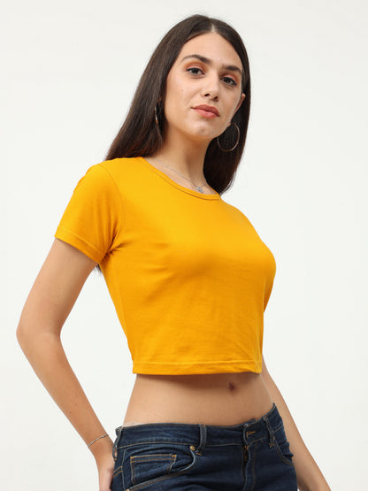 Women's Cotton Plain Round Neck Mustard Yellow Color Crop Top