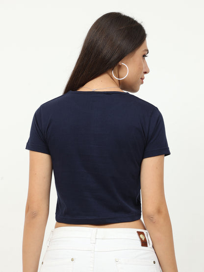 Women's Cotton Plain Round Neck Navy Blue Color Crop Top