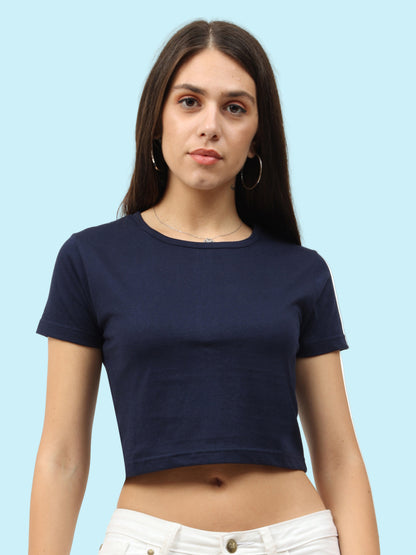 Women's Cotton Plain Round Neck Navy Blue Color Crop Top