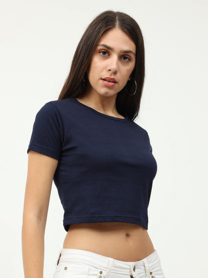 Women's Cotton Plain Round Neck Navy Blue Color Crop Top