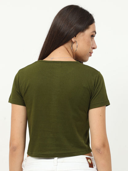 Women's Cotton Plain Round Neck Olive Green Color Crop Top