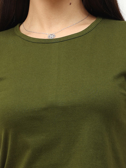 Women's Cotton Plain Round Neck Olive Green Color Crop Top
