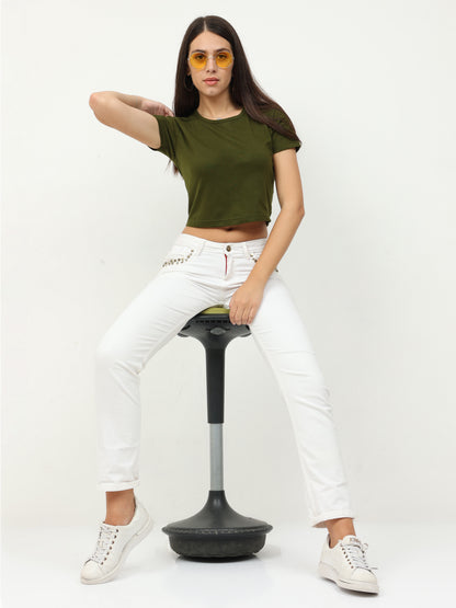 Women's Cotton Plain Round Neck Olive Green Color Crop Top