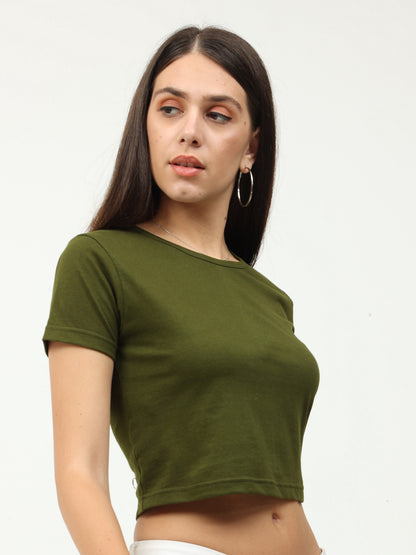 Women's Cotton Plain Round Neck Olive Green Color Crop Top