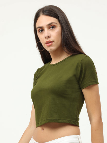 Women's Cotton Plain Round Neck Olive Green Color Crop Top