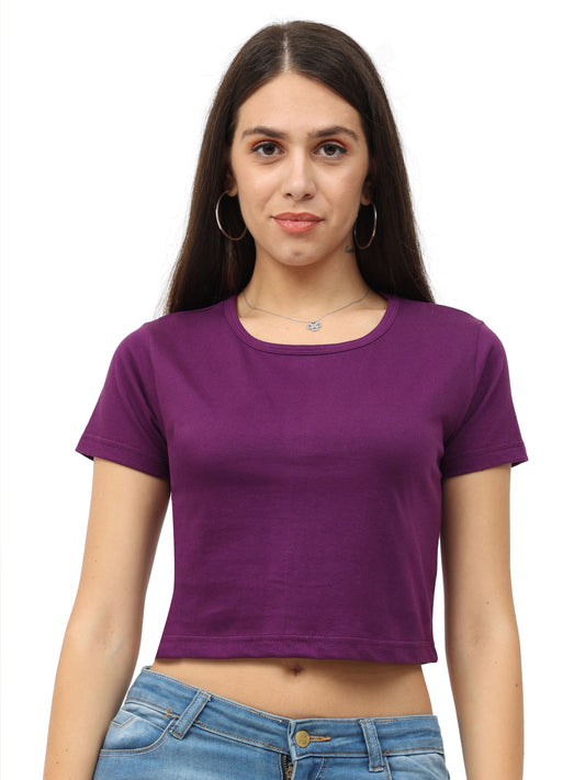 Women's Cotton Plain Round Neck Purple Color Crop Top