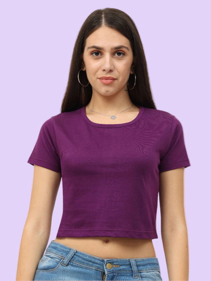 Women's Cotton Plain Round Neck Purple Color Crop Top