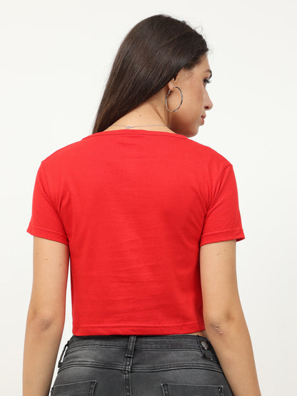 Women's Cotton Plain Round Neck Red Color Crop Top