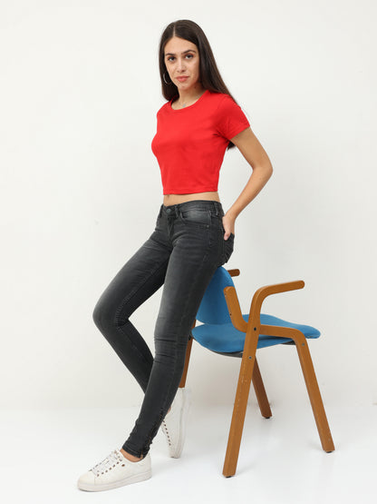 Women's Cotton Plain Round Neck Red Color Crop Top