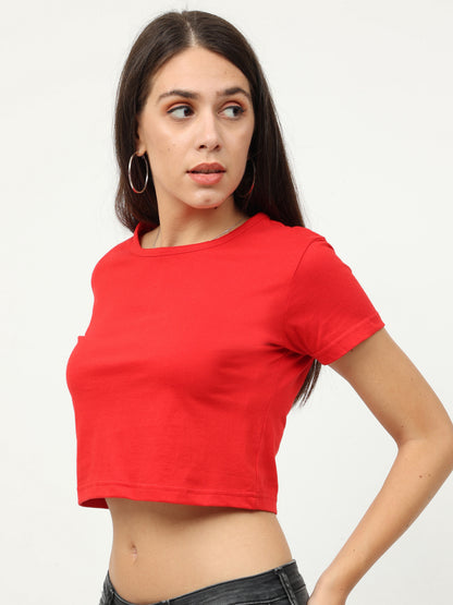 Women's Cotton Plain Round Neck Red Color Crop Top