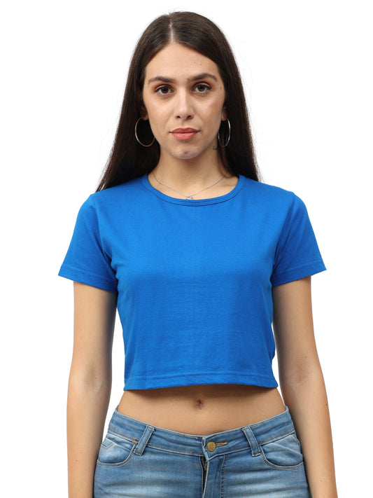 Women's Cotton Plain Round Neck Royal Blue Color Crop Top