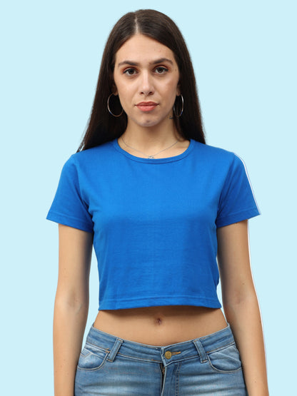Women's Cotton Plain Round Neck Royal Blue Color Crop Top