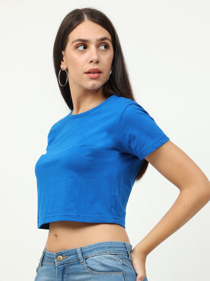 Women's Cotton Plain Round Neck Royal Blue Color Crop Top