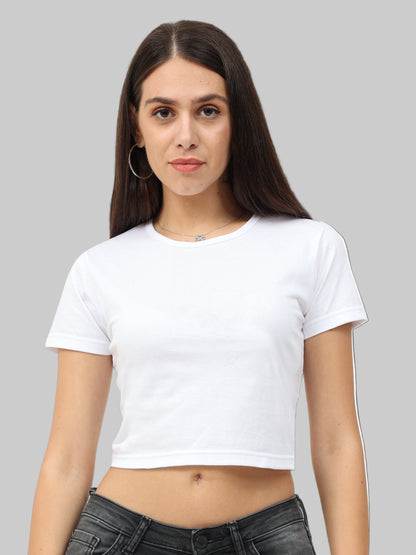 Women's Cotton Plain Round Neck White Color Crop Top