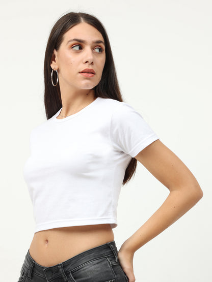 Women's Cotton Plain Round Neck White Color Crop Top
