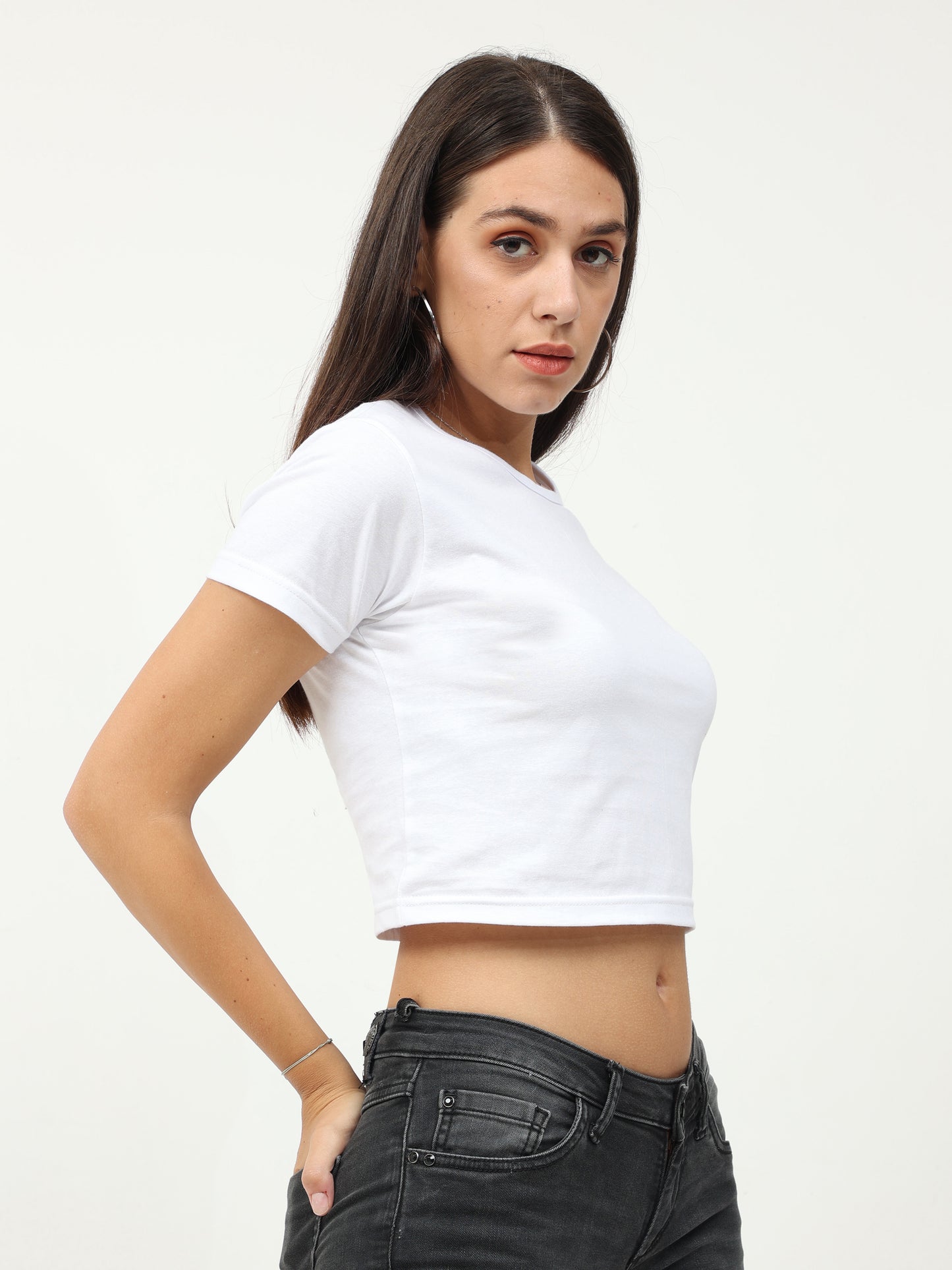 Women's Cotton Plain Round Neck White Color Crop Top