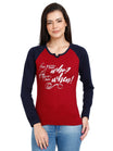 Women's Cotton Printed Raglan Full Sleeve Maroonnavy Color T-Shirt