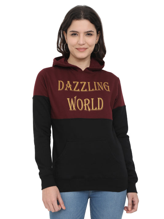 Women's Cotton Printed Maroonblack Color Sweatshirt/Hoodies