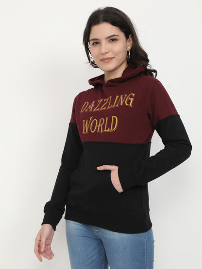 Women's Cotton Printed Maroonblack Color Sweatshirt/Hoodies