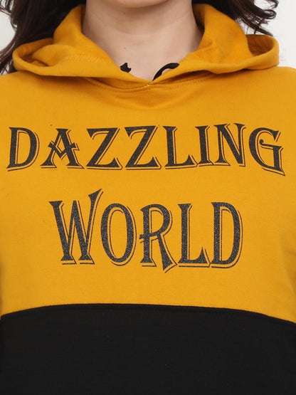 Women's Cotton Printed Mustardblack Color Sweatshirt/Hoodies