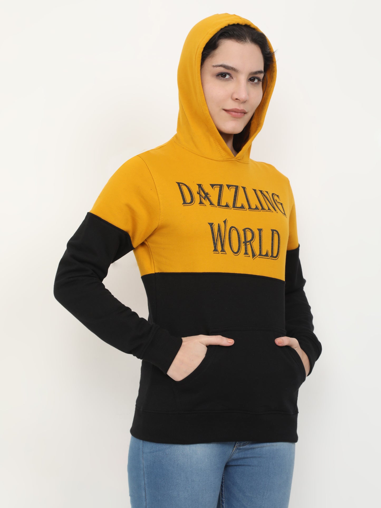 Women's Cotton Printed Mustardblack Color Sweatshirt/Hoodies